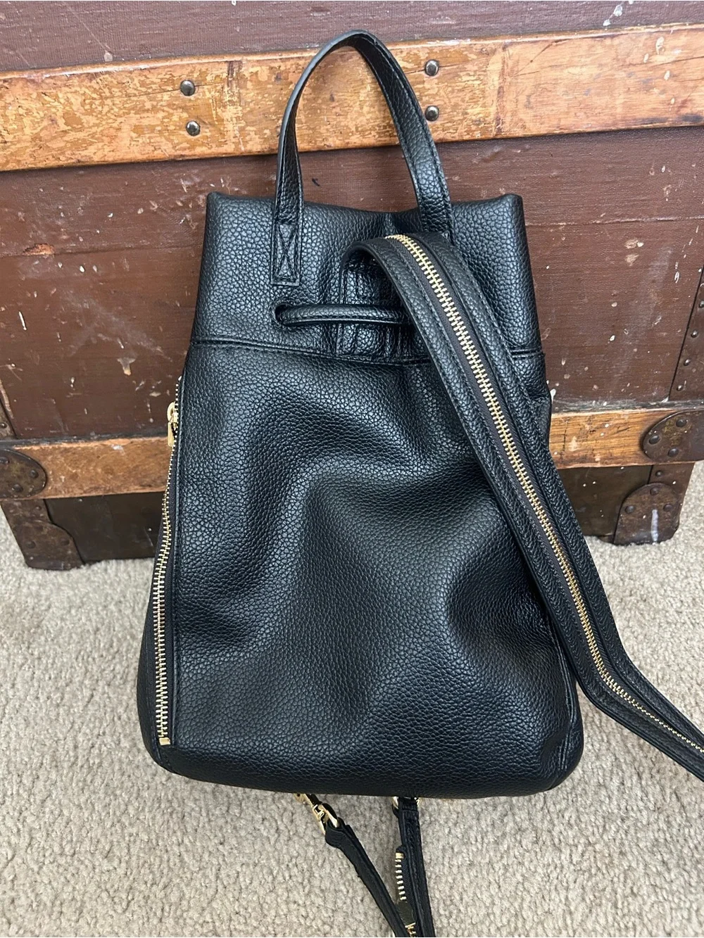 Halston Black Pebbled Leather Drawstring Backpack with Gold Accents